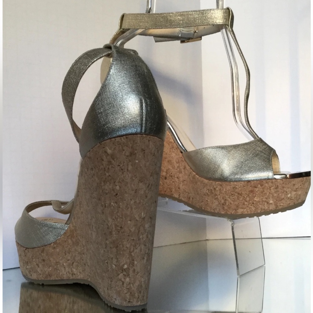 NEW JIMMY CHOO Pela Metallic T-Strap Wedge Sandals, Champagne (Size 41)
